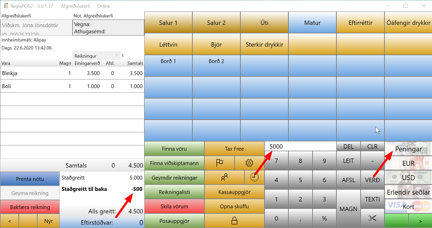 POS greitt með peningum