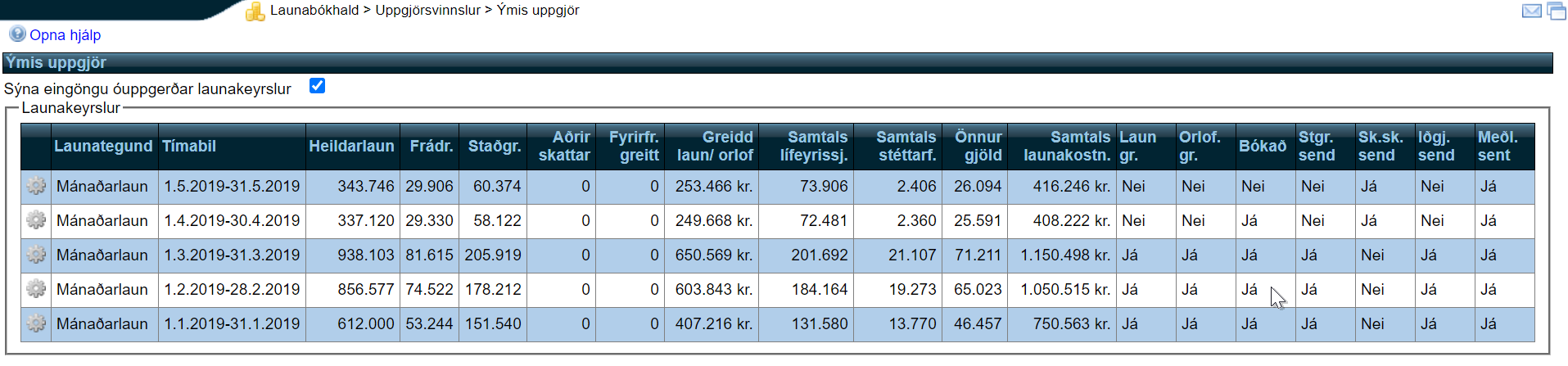 launakerfi - uppgjörsvinnslur - ýmis uppgjör