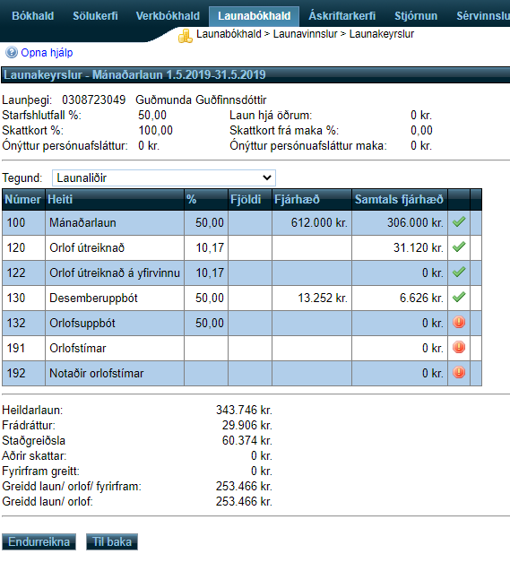 Launakerfi - sundurliðun launa