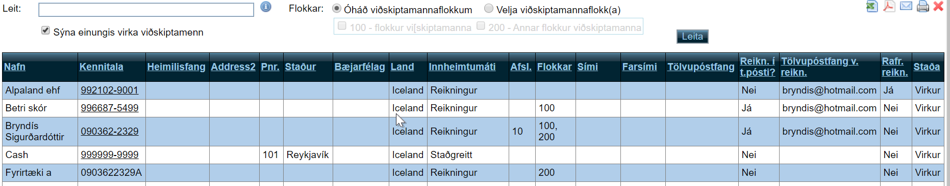 Fyrirspurn viðskiptamannalisti