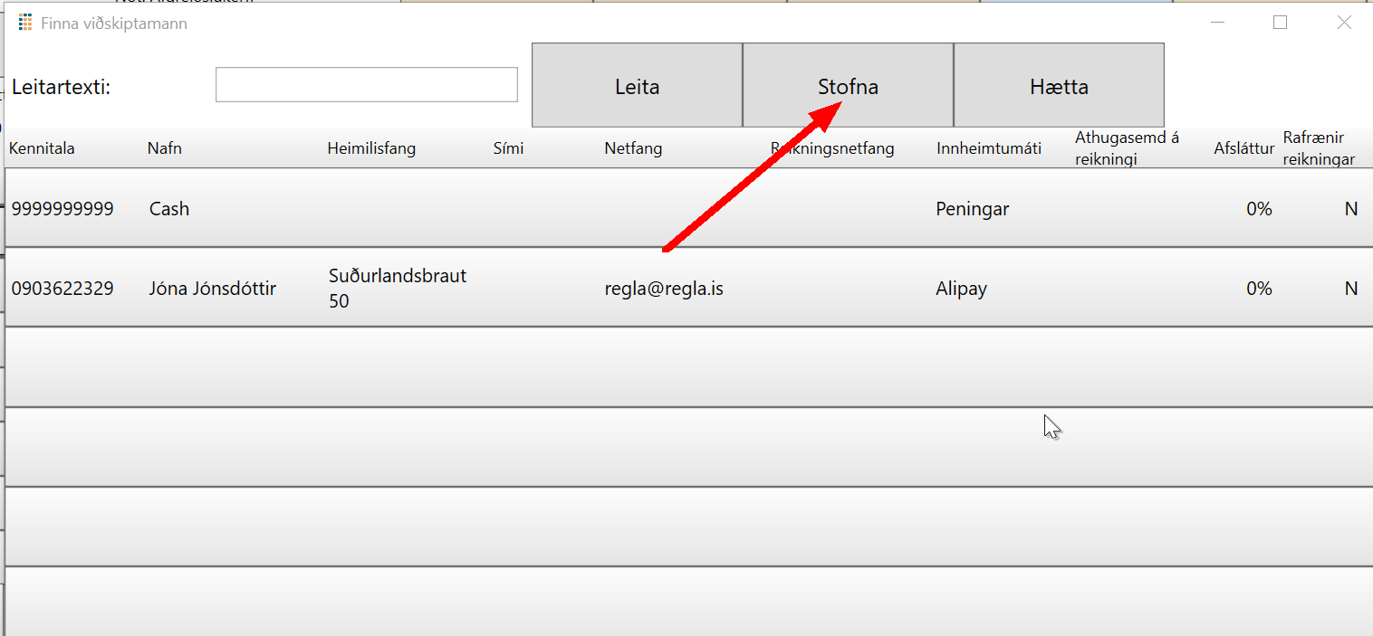 POS stofna viðskiptavin 1
