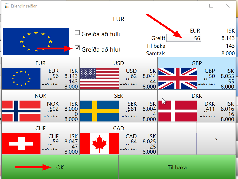 POS greitt með erlendri mynt